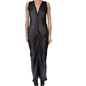 Jaga Murano Black Satin Fringe Bias Cut Maxi Dress Size 3/ US 10